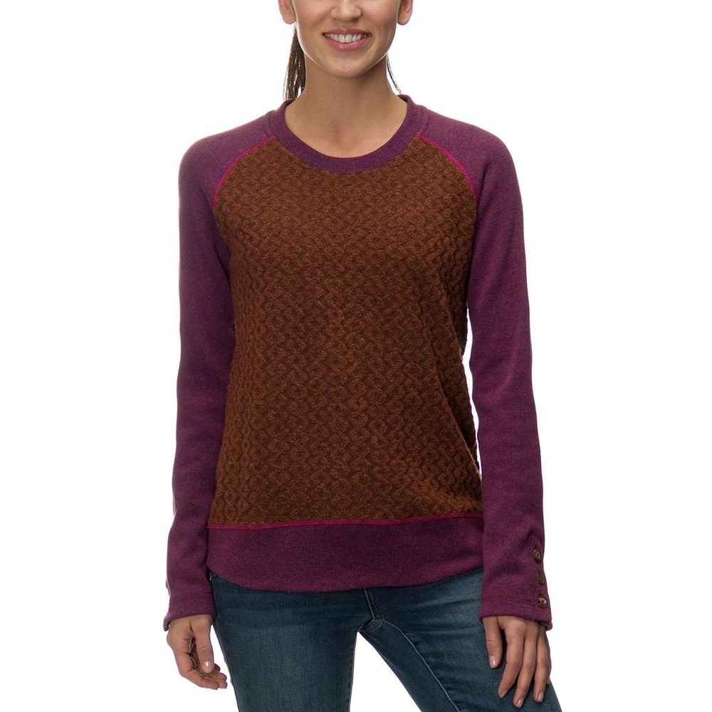 PrAna Aya Sweater Women M Plum Umber Auburn Wool Blend Cable Knit Fleece Lined